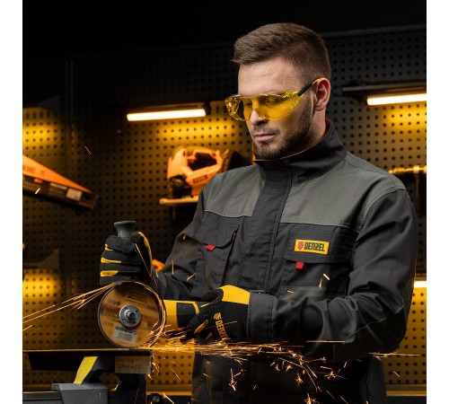 Очки защитные открытые, поликарбонатные, увеличенная желтая линза, регулируемые дужки Denzel