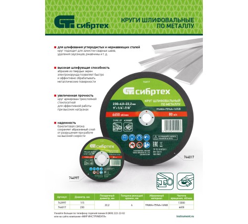 Круг шлифовальный по металлу, 115 х 6,0 х 22,2 мм, 9%WA+75%A+16%B// Сибртех