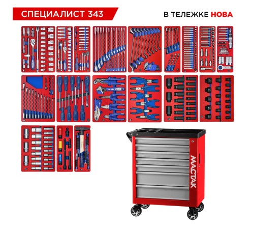 Набор инструментов 343 предмета, "СПЕЦИАЛИСТ 343", в красной тележке МАСТАК 50-07343R