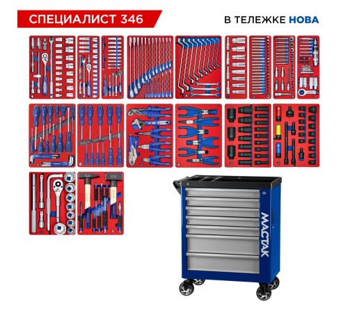 Набор инструментов 346 предметов, "СПЕЦИАЛИСТ 346", в синей тележке МАСТАК 50-07346B
