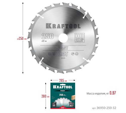 KRAFTOOL Fast, 250 х 32 мм, 24Т, пильный диск по дереву (36950-250-32)