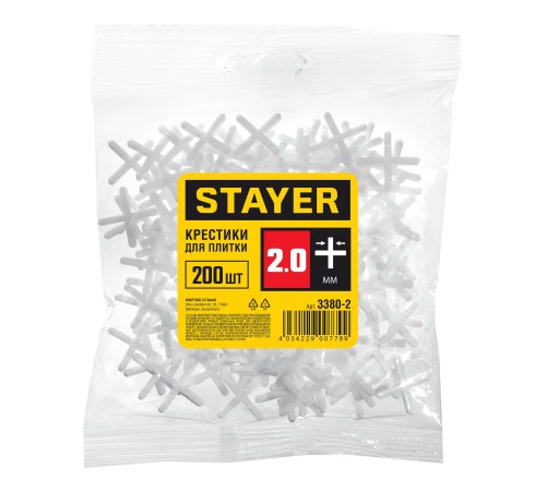 STAYER 2 мм, Х-образные, 200 шт., крестики для кафельной плитки 3380-2 STAYER 2 мм, Х-образные, 200 шт., крестики для кафельной плитки 3380-2