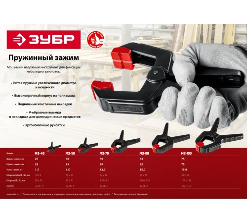 ЗУБР 75/75 мм, пружинный зажим МЗ-80 32247-8 Мастер