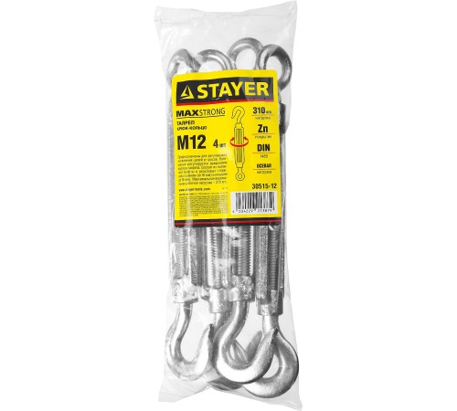 STAYER М12, 4 шт., талреп DIN 1480, крюк-кольцо 30515-12 STAYER М12, 4 шт., талреп DIN 1480, крюк-кольцо 30515-12