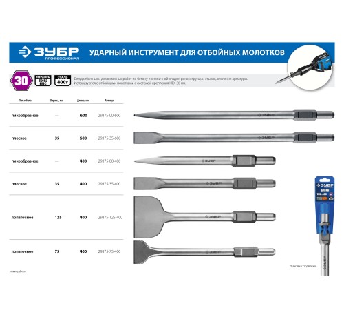 ЗУБР 35 х 400 мм, HEX 30, зубило плоское 29375-35-400 Профессионал