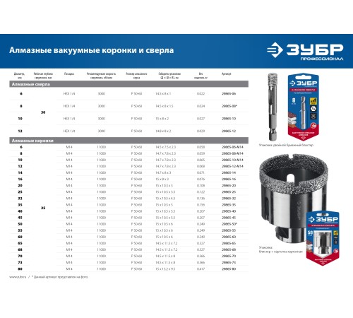 ЗУБР 12 мм, ВВС, М14, алмазная, коронка универсальная 29865-12-M14 Профессионал