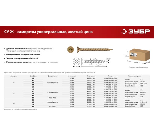 ЗУБР СУ-Ж 60 x 5.0 мм, желтый цинк, Универсальный саморез, 15.22 кг (4-300390-50-060) ЗУБР СУ-Ж 60 x 5.0 мм, желтый цинк, Универсальный саморез, 15.22 кг (4-300390-50-060)