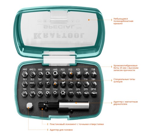 KRAFTOOL 32 шт., набор специальных бит с адаптером 2610-H32