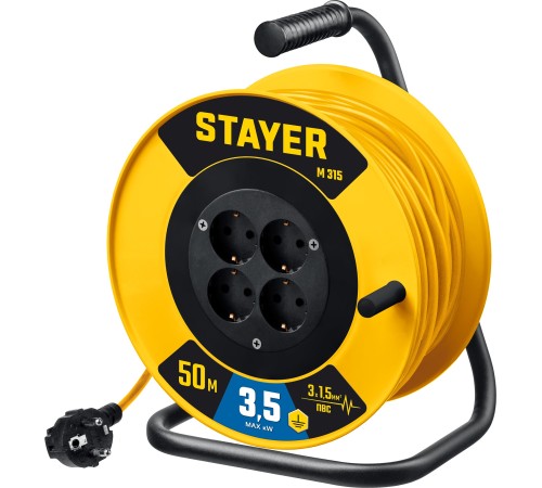 STAYER M-315, ПВС, 3 х 1.5 мм2, 50 м, 3500 Вт, силовой удлинитель на катушке (55078-50) STAYER M-315, ПВС, 3 х 1.5 мм2, 50 м, 3500 Вт, силовой удлинитель на катушке (55078-50)