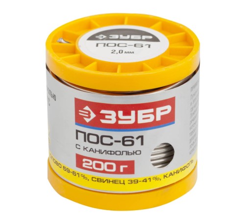 ЗУБР 200 г, ПОС 61, трубка с канифолью, 2 мм, припой 55450-200-20C ЗУБР 200 г, ПОС 61, трубка с канифолью, 2 мм, припой 55450-200-20C