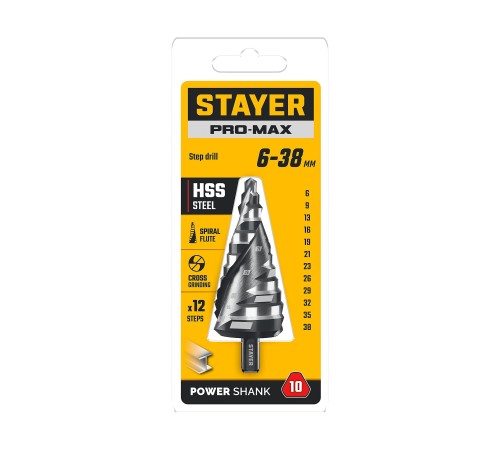 STAYER Pro-Max 6-38мм, 12 ступеней, винтовая спираль, сверло ступенчатое (29661-6-38-12) STAYER Pro-Max 6-38мм, 12 ступеней, винтовая спираль, сверло ступенчатое (29661-6-38-12)