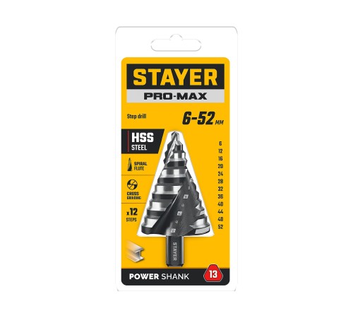 STAYER Pro-Max 6-52мм, 12 ступеней, винтовая спираль, сверло ступенчатое (29661-6-52-12)