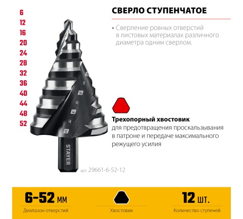 STAYER Pro-Max 6-52мм, 12 ступеней, винтовая спираль, сверло ступенчатое (29661-6-52-12)