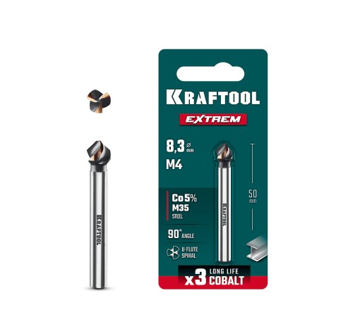 KRAFTOOL EXTREME Со5-А, d 8.3 х 50 мм, сталь M35, U-образная спираль, для раззенковки М4, Конусный зенкер (29734-4)