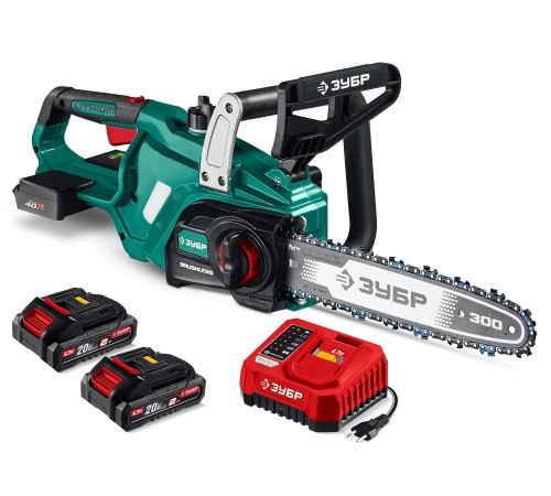 ЗУБР 40 В, (2x20В), 300 мм шина, 2 АКБ LMS (2 Ач), пила цепная аккумуляторная (ПЦБ-4030-22)