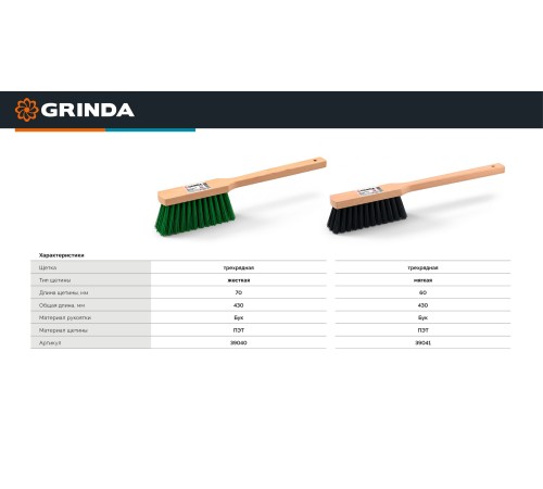 GRINDA EURO буковая рукоятка 430 мм, мягкая щетина, трехрядная, щётка-смётка (39041)