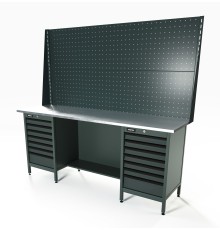 RUNTEC RTS20Z-TS7-TS7-P20-P20-7016 Верстак серии Standart, 2000 мм, оцинк, тумба с 7-ю ящиками + тумба с 7-ю ящиками, экран 1000, серый RAL 7016