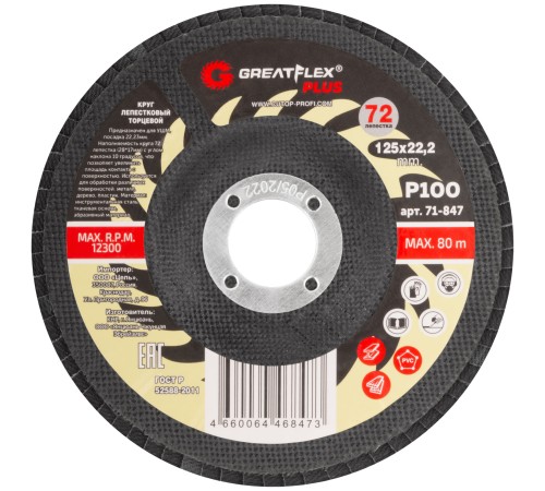 Круг лепестковый торцевой GreatFlex Plus (72 лепестка) 125 х 22,2 мм, P100 Greatflex Круг лепестковый торцевой GreatFlex Plus (72 лепестка) 125 х 22,2 мм, P100 Greatflex