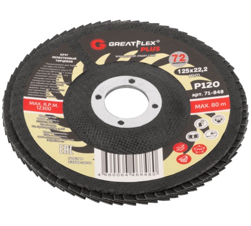 Круг лепестковый торцевой GreatFlex Plus (72 лепестка) 125 х 22,2 мм, P120 Greatflex Круг лепестковый торцевой GreatFlex Plus (72 лепестка) 125 х 22,2 мм, P120 Greatflex
