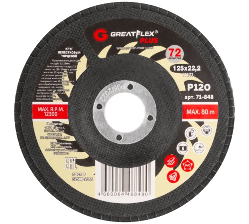 Круг лепестковый торцевой GreatFlex Plus (72 лепестка) 125 х 22,2 мм, P120 Greatflex Круг лепестковый торцевой GreatFlex Plus (72 лепестка) 125 х 22,2 мм, P120 Greatflex