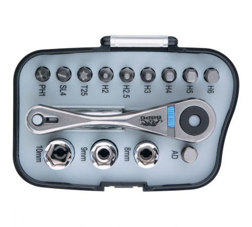 Реверсивная трещотка с набором бит и торцевыми головками, 14 шт Барс