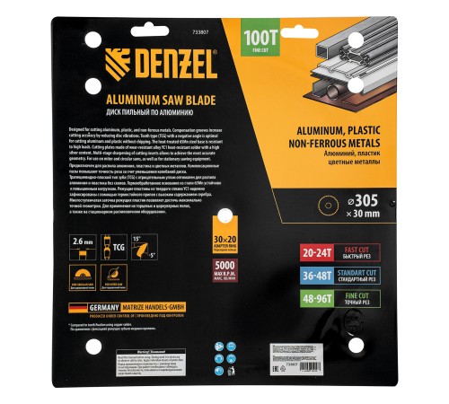 Пильный диск по алюминию ф305 х 30 мм, 100 зубьев Denzel