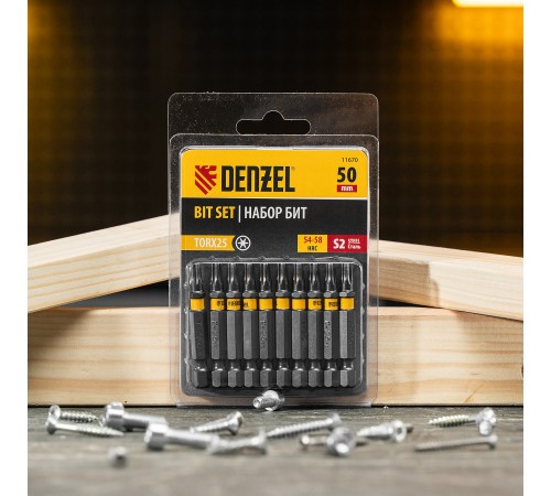 Бита TX 25х50, сталь S2, шестигранный профиль, 10 шт. Е 6,3 Denzel Бита TX 25х50, сталь S2, шестигранный профиль, 10 шт. Е 6,3 Denzel
