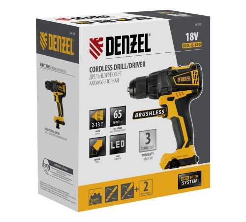 Дрель-шуруповерт аккумуляторная, бесщет. BLDL-IB-18-0, Li-Ion, 18 В Denzel