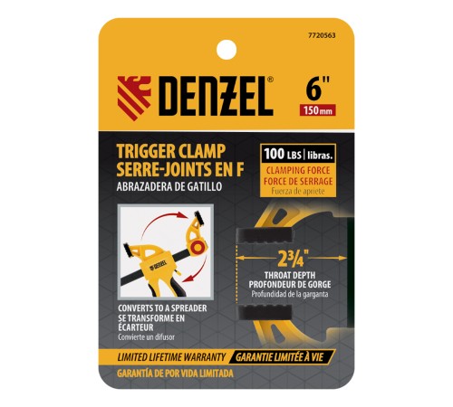 Струбцина F-образная, быстрозаж., 6"x 2 3/4", 150х70мм, пласт.корпус,фиксатор,двухк. рук-ка Denzel