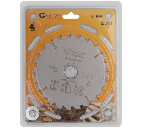 Диск пильный по дереву с тефлоновым покрытием 24Т, CUTOP Profi plus 160 х 1,3/2,0 х 30/25,4/20/16 мм CUTOP Диск пильный по дереву с тефлоновым покрытием 24Т, CUTOP Profi plus 160 х 1,3/2,0 х 30/25,4/20/16 мм CUTOP
