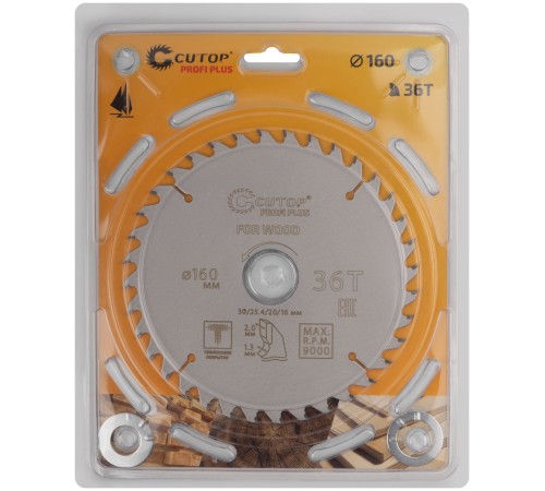 Диск пильный по дереву с тефлоновым покрытием 36Т, CUTOP Profi plus, 160 х 1,3/2,0 х 30/25,4/20/16 мм CUTOP Диск пильный по дереву с тефлоновым покрытием 36Т, CUTOP Profi plus, 160 х 1,3/2,0 х 30/25,4/20/16 мм CUTOP