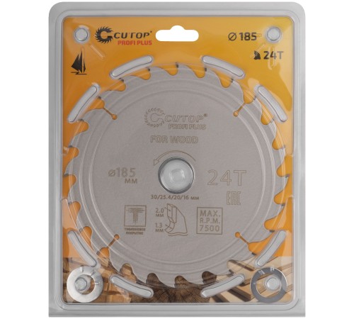 Диск пильный по дереву с тефлоновым покрытием 24Т, CUTOP Profi plus, 185 х 1,3/2,0 х 30/25,4/20/16 мм CUTOP Диск пильный по дереву с тефлоновым покрытием 24Т, CUTOP Profi plus, 185 х 1,3/2,0 х 30/25,4/20/16 мм CUTOP