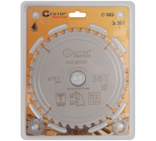 Диск пильный по дереву с тефлоновым покрытием 36Т, CUTOP Profi plus, 185 х 1,3/2,0 х 30/25,4/20/16 мм CUTOP Диск пильный по дереву с тефлоновым покрытием 36Т, CUTOP Profi plus, 185 х 1,3/2,0 х 30/25,4/20/16 мм CUTOP
