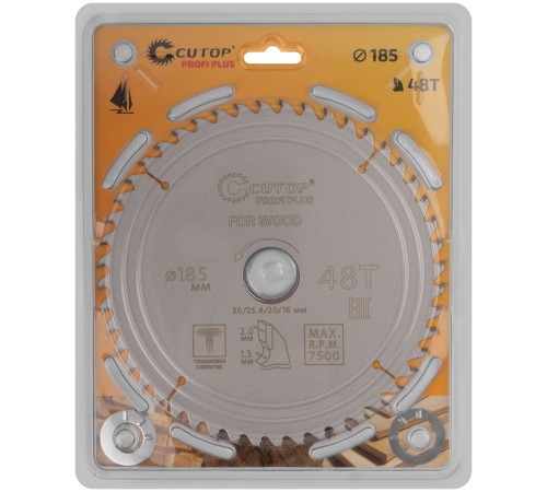 Диск пильный по дереву с тефлоновым покрытием 48Т, CUTOP Profi plus, 185 х 1,3/2,0 х 30/25,4/20/16 мм CUTOP Диск пильный по дереву с тефлоновым покрытием 48Т, CUTOP Profi plus, 185 х 1,3/2,0 х 30/25,4/20/16 мм CUTOP