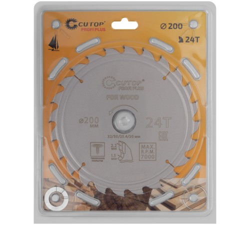 Диск пильный по дереву с тефлоновым покрытием 24Т, CUTOP Profi plus, 200 х 1,5/2,2 х 32/30/25,4/20 мм CUTOP
