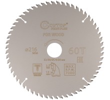 Диск пильный по дереву с тефлоновым покрытием 60Т, CUTOP Profi plus, 216 х 1,5/2,2 х 32/30/25,4/20 мм CUTOP