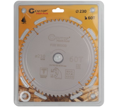 Диск пильный по дереву с тефлоновым покрытием 60Т, CUTOP Profi plus, 230 х 1,6/2,4 х 32/30/25,4/20 мм CUTOP