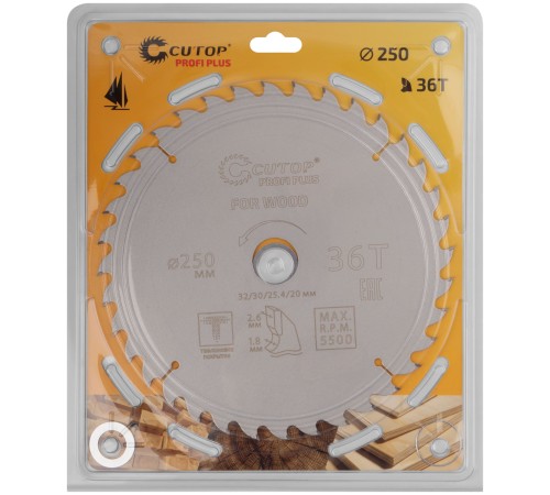 Диск пильный по дереву с тефлоновым покрытием 36Т, CUTOP Profi plus, 250 х 1,8/2,6 х 32/30/25,4/20 мм CUTOP Диск пильный по дереву с тефлоновым покрытием 36Т, CUTOP Profi plus, 250 х 1,8/2,6 х 32/30/25,4/20 мм CUTOP