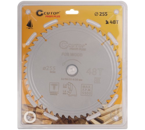 Диск пильный по дереву с тефлоновым покрытием 48Т, CUTOP Profi plus, 255 х 1,8/2,6 х 32/30/25,4/20 мм CUTOP Диск пильный по дереву с тефлоновым покрытием 48Т, CUTOP Profi plus, 255 х 1,8/2,6 х 32/30/25,4/20 мм CUTOP