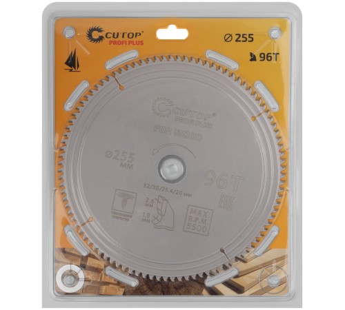 Диск пильный по дереву с тефлоновым покрытием 96Т, CUTOP Profi plus, 255 х 1,8/2,6 х 32/30/25,4/20 мм CUTOP Диск пильный по дереву с тефлоновым покрытием 96Т, CUTOP Profi plus, 255 х 1,8/2,6 х 32/30/25,4/20 мм CUTOP