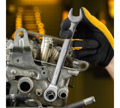 Ключ комбинированный трещоточный, 19 мм, CrV, матовый хром Denzel