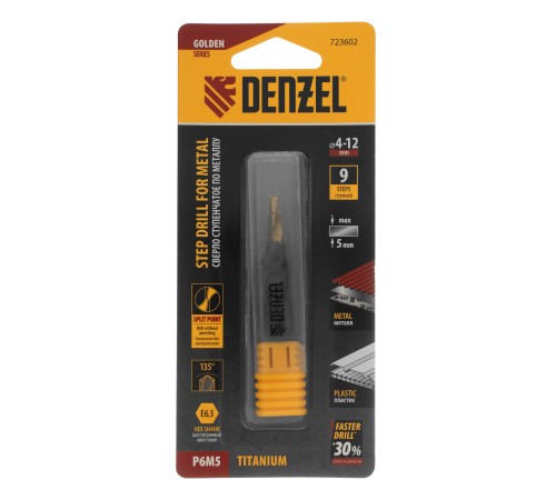 Сверло ступенчатое 4-5-6-7-8-9-10-11-12 мм, Р6М5, 6-гр. хвостовик Denzel