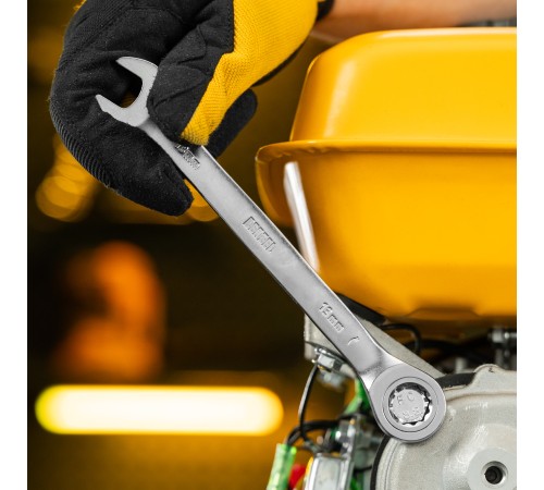 Ключ комбинированный трещоточный, 13 мм, CrV, матовый хром Denzel