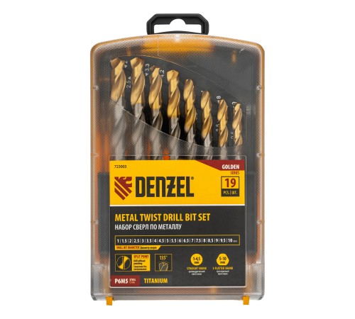 Набор сверл по металлу, 1-10 мм, Р6М5-TiN, Golden Tip, 19 шт Denzel