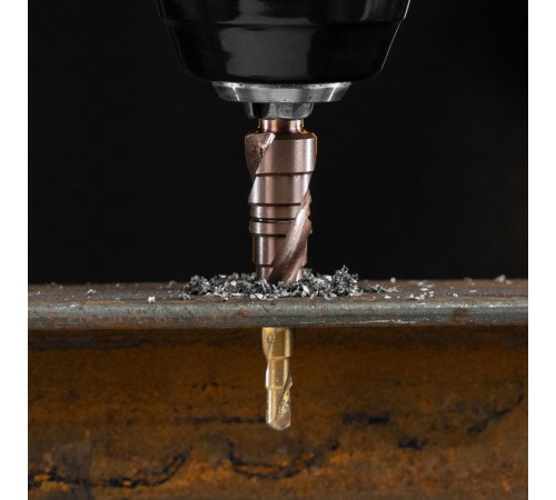 Сверло ступенчатое 4-5-6-7-8-9-10-11-12 мм, Р6М5К5, 6-гр. хвостовик Denzel