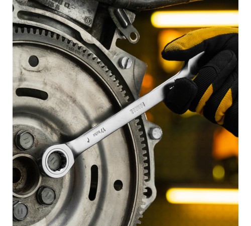 Ключ комбинированный трещоточный, 17 мм, CrV, матовый хром Denzel