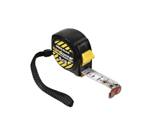 Рулетка 3x19мм, 2 стопа, компактн. корпус, 2 стопа,мощный магнит, Hanskonner