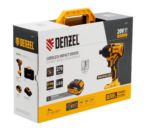 Винтоверт ударный аккумуляторный бесщет. CIDH-BL-20-270, Li-Ion, 20 В// Denzel