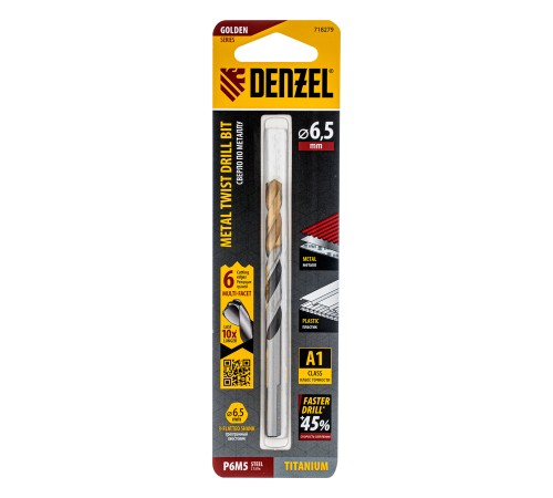 Сверло спиральное по металлу 6,5 x 93мм, Р6М5, Golden Tip, многогранная заточка Denzel