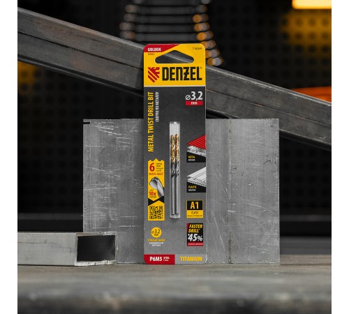 Сверло спиральное по металлу 3,2 x 65мм, Р6М5, Golden Tip, многогранная заточка, 2шт. Denzel